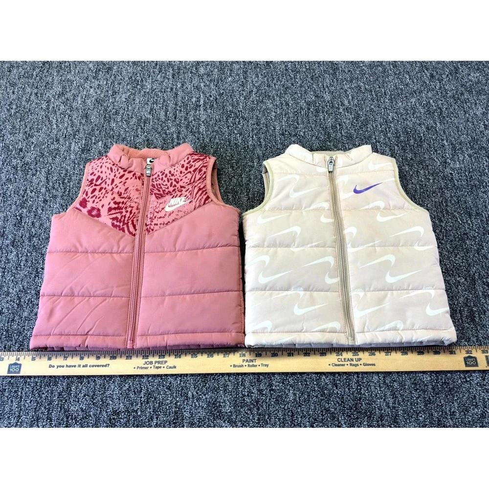 Nike Puffer Vest Jacket Toddler Girls 24M Pink Tan Full Zip Quilted - Lot of 2